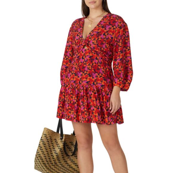 10 Crosby Derek Lam Talia Floral Dress Red and Orange Mini with Keyhole US 2 - Picture 2 of 15